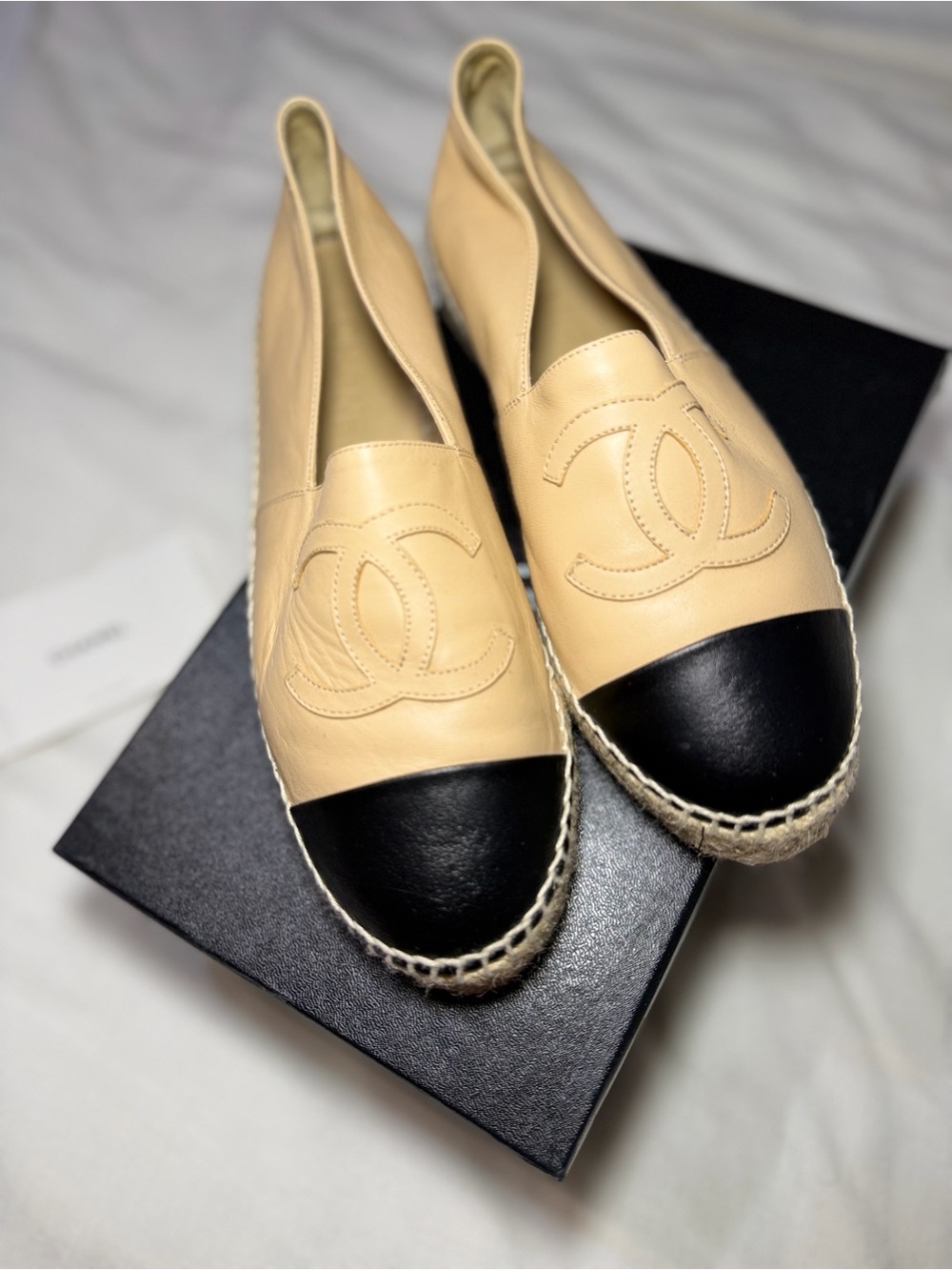 CHANEL Beige Leather Espadrilles with Black Cap Toe